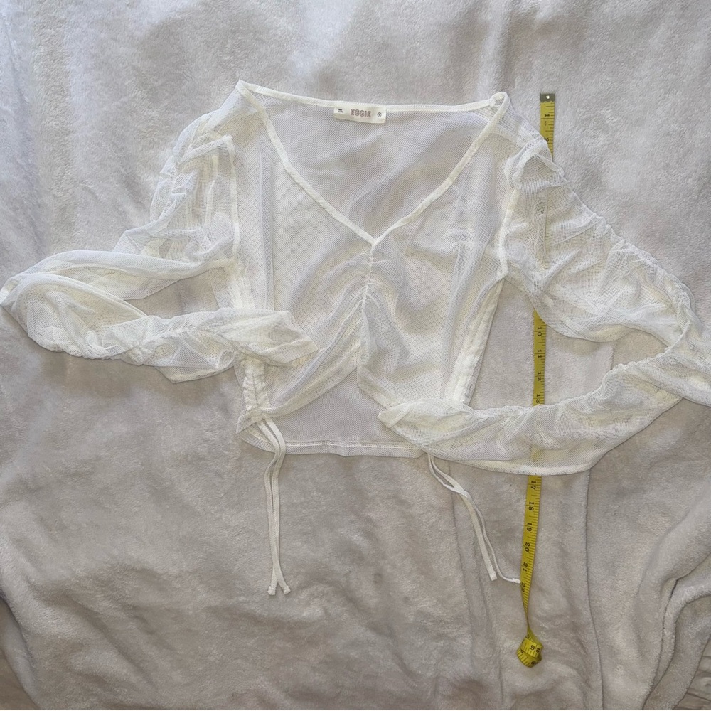 EGGIE Candy Mesh Top Small – White V Neck Crop with Side Ties Jenn Im Brand